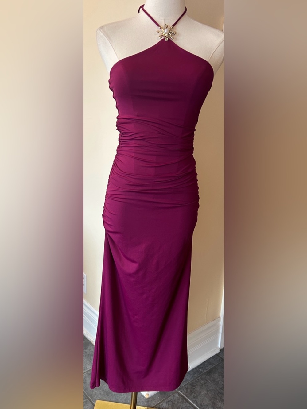 ZARA Ruched Halter Midi Dress in Deep Magenta size medium - Picture 9 of 13